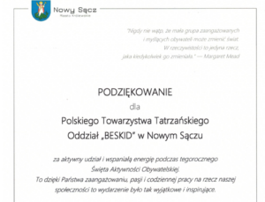 Read more about the article PODZIĘKOWANIE DLA PTT BESKID OD&nbsp;PREZYDENTA MIASTA NOWEGO SĄCZA